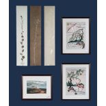 Two framed embroideries, a framed print and three wall hangings