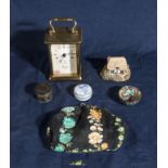 A small carriage clock, two pill boxes, and other items