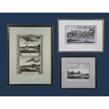 Three framed engravings depicting scenes of Twickenham and Hampton Court