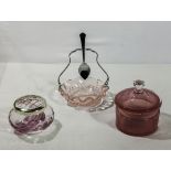 A glass preserve dish, lidded jar and a rose bowl