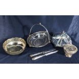 Four pieces of silver plated ware and two knives