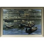 A large framed David Shepherd print depicting a harbour scene