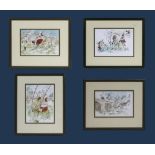 Four framed watercolours of comical Santa scenes