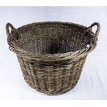 A wicker laundry basket