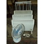 Three electric heaters, two clothes airers and a fan