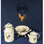 An enamel billy can, colander and coffee pot decorated with cockerels together with a welcome