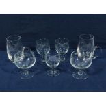 Three Wheatsheaf pattern wine glasses together with two champagne and two tankards