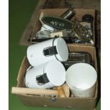 Two boxes containing kitchen ware