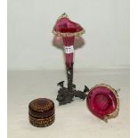 Cranberry glass epergne, trumpet and small ruby glass jar