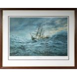 A large limited edition print depicting The Royal Charter in a storm signed in pencil E D Walker
