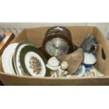 A mantle clock, powder flask and other pottery items