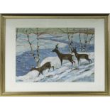 Ralston Gudgeon RSW (1910-1984) A framed watercolour depicting deer in a winter landscape
