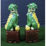 A pair of green and yellow glaze temple dogs on brown glaze bases, 25cm tall