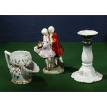 A shaving mug, Royal Doulton figure group and a candle stick