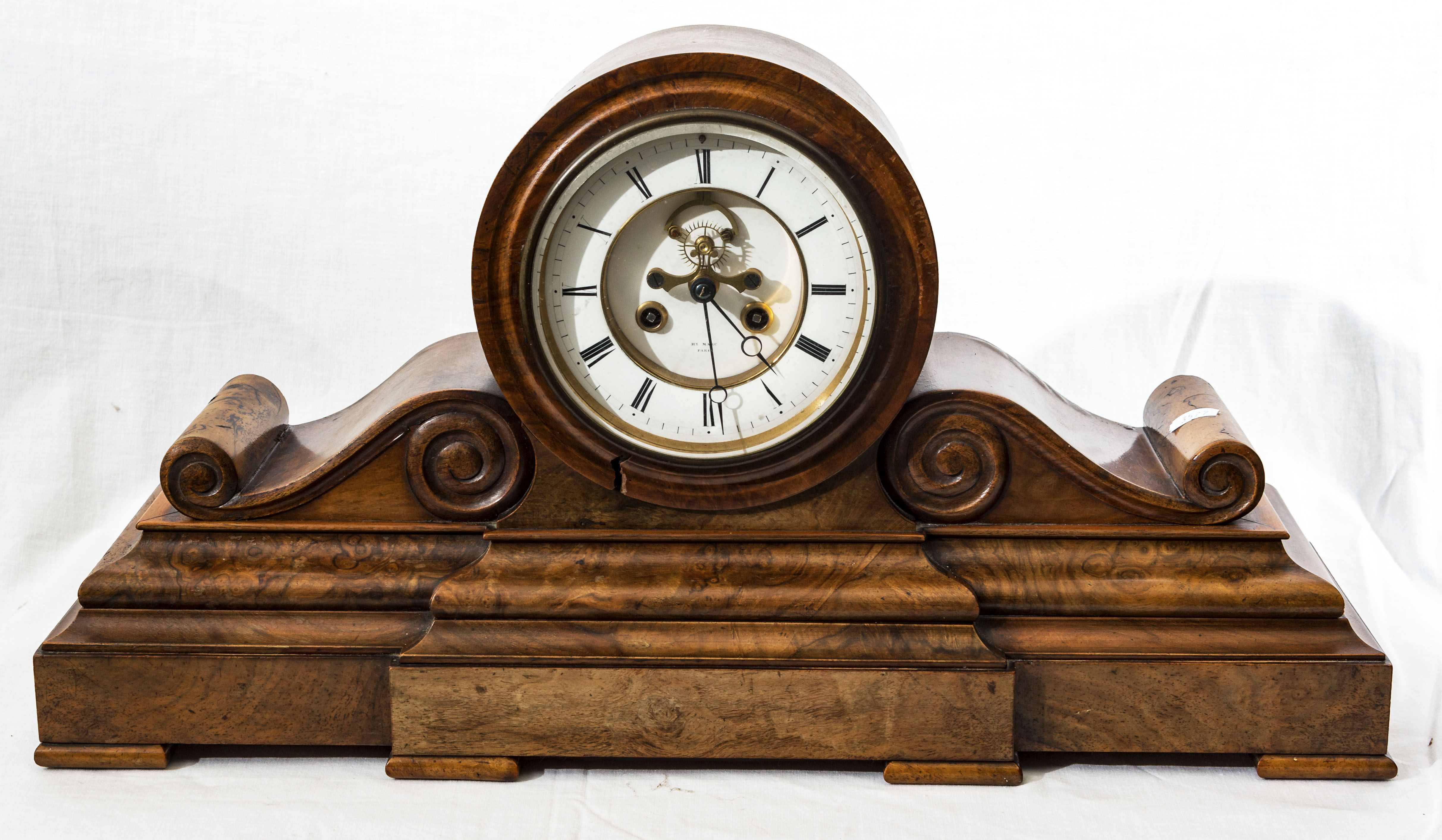 A Victorian burr walnut drumhead mantel clock with front escapement 8 day movement 21inch (53cm)