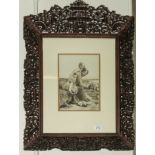 A good quality Chinese hardwood frame very well carved with figures and animals, 75cm x 55cm