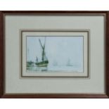 A small framed print by Peter Knox depicting a Thames Barge, 14cm x 9cm