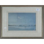 A framed watercolour depicting a harbour scene