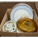 A box containing plates and kitchen dishes