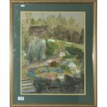 A framed watercolour depicting a country cottage garden, signed Murray