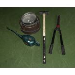 A sledge hammer, garden shears, oil can and sieves