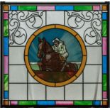 A coloured leaded glass window made for the Mansfield Bar Hawick 1993, with racehorse steeplechase