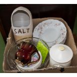 A box containing pottery and glass