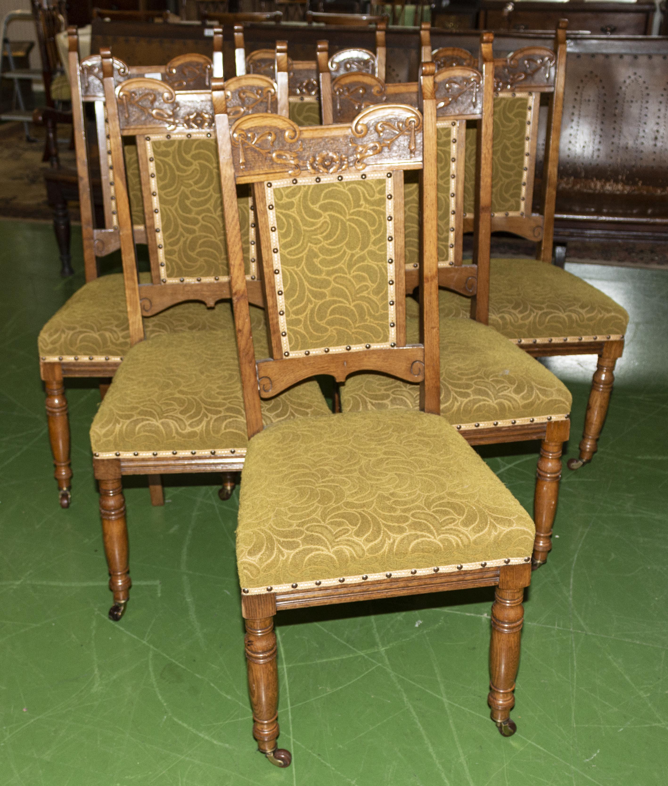 Six late Victorian oak arts and crafts chairs