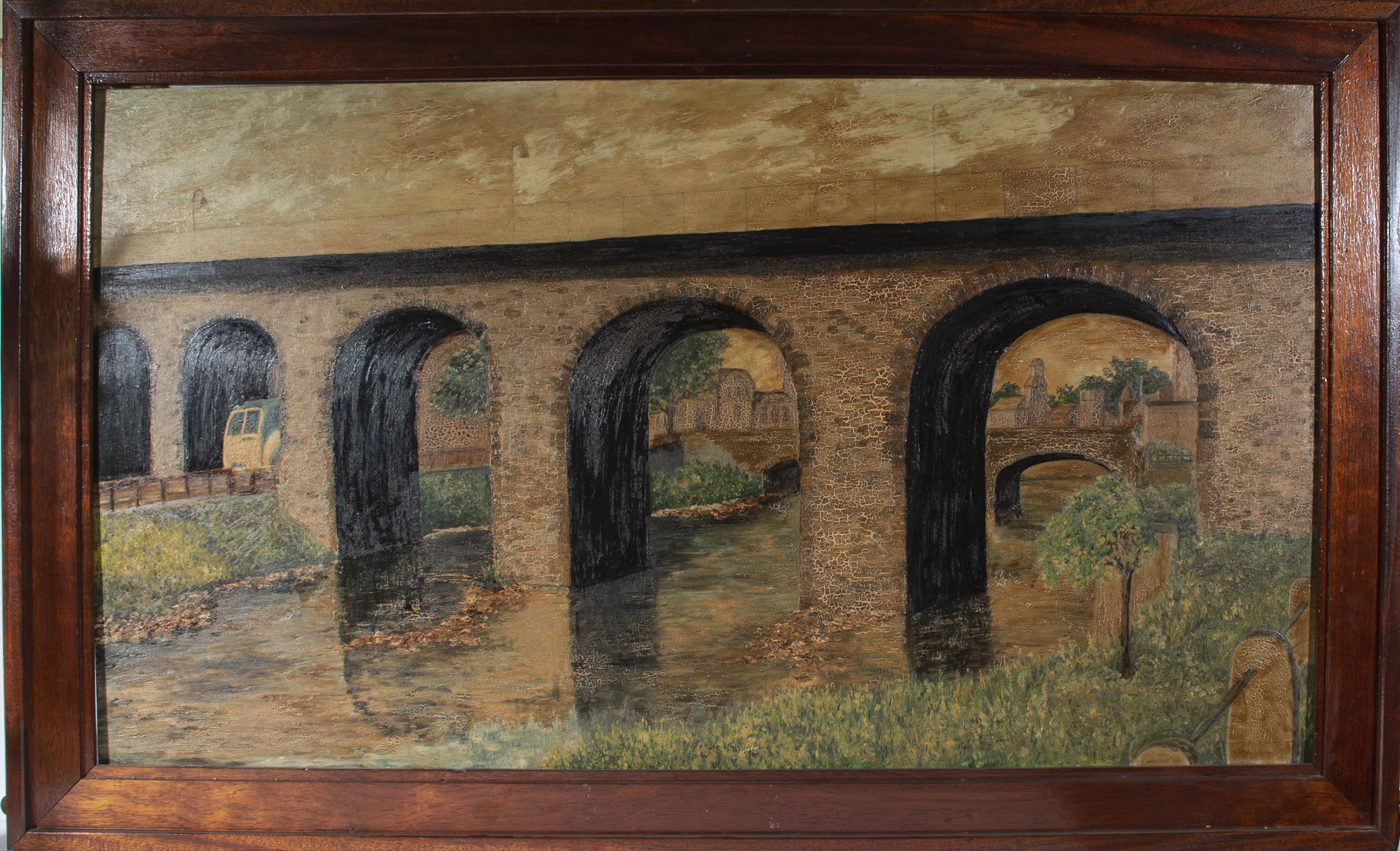 A large framed oil on board depicting the old railway bridge in Hawick spanning the river Teviot