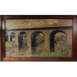 A large framed oil on board depicting the old railway bridge in Hawick spanning the river Teviot