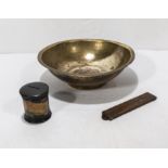 A brass bowl, treen money box and a folding rule