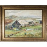 A framed oil on board depicting a rural scene, indistinct signature, image size 49cm x 59cm