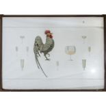 A framed glass window illustrated with a cockerel and glasses. In a metal frame.110cm by 84.