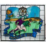 A large leaded glass window of Hawick and Galashiels rugby players made in 1993 metal framed121cm