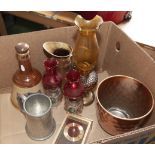 Three small oil lamps, a decanter and other items