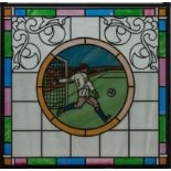 A coloured leaded window of a footballer made in 1993 for the Mansfield Bar Hawick in a metal