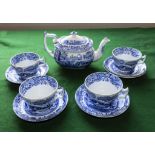 A Spode blue and white transfer printed teapot, cups and saucers