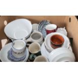 A box of assorted kitchen pottery