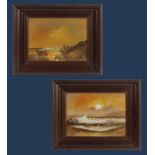 A pair of framed oil on canvas depicting coastal scenes, signed L Coe. 18cm x 24cm