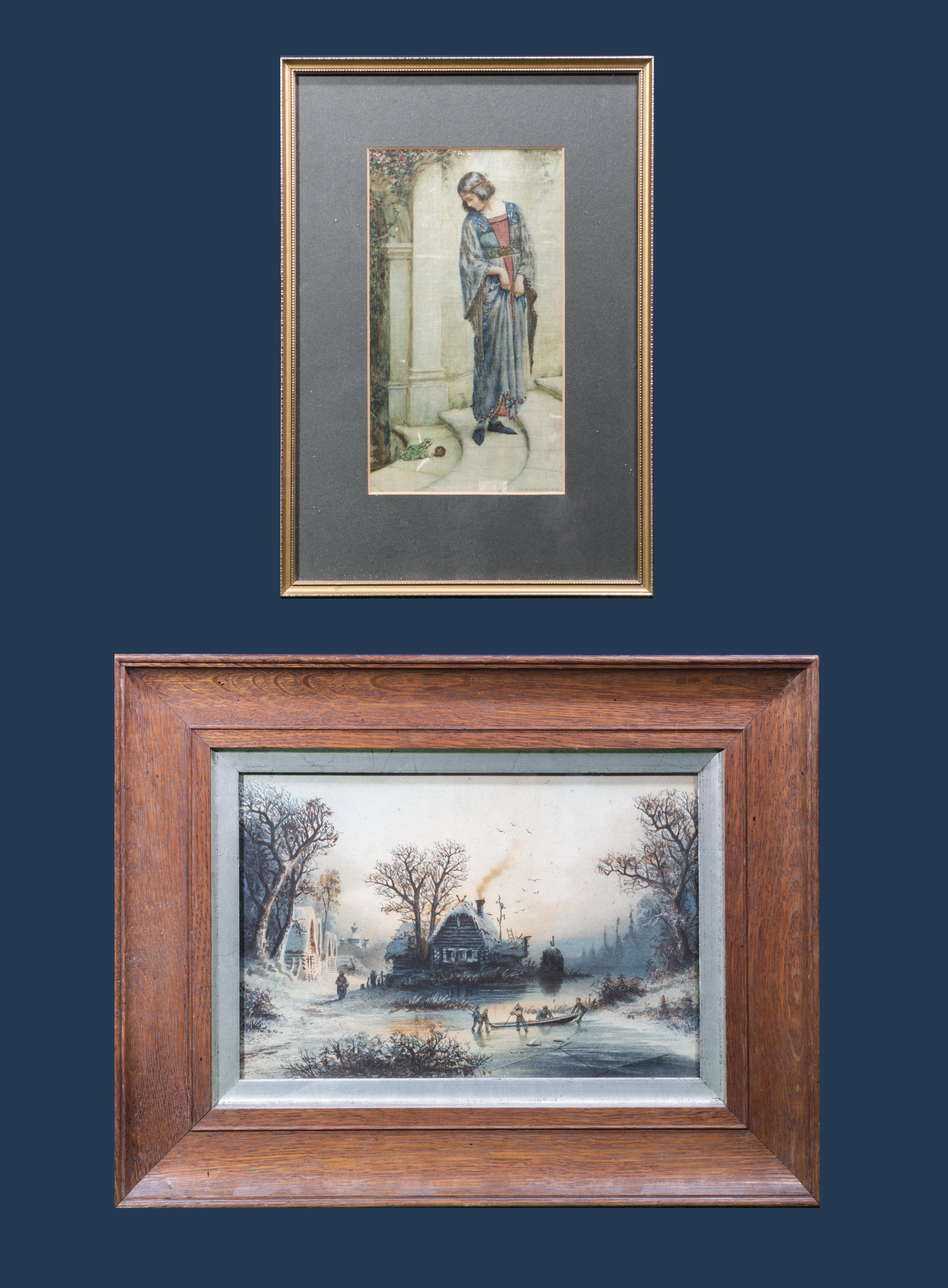 An oak framed watercolour of a rural scene together with a print of a lady.