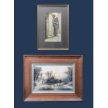 An oak framed watercolour of a rural scene together with a print of a lady.