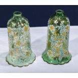 Two antique French green glass candle shades enamelled in gold, white and blue 11 inches high