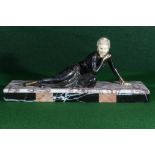 A French Art Deco period bronze figure of a lady on a marble base with ivorine head and hands,