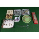 A Wheatley fly box with 40 trout flies together with an Orvis fly wallet and flies, scissors,