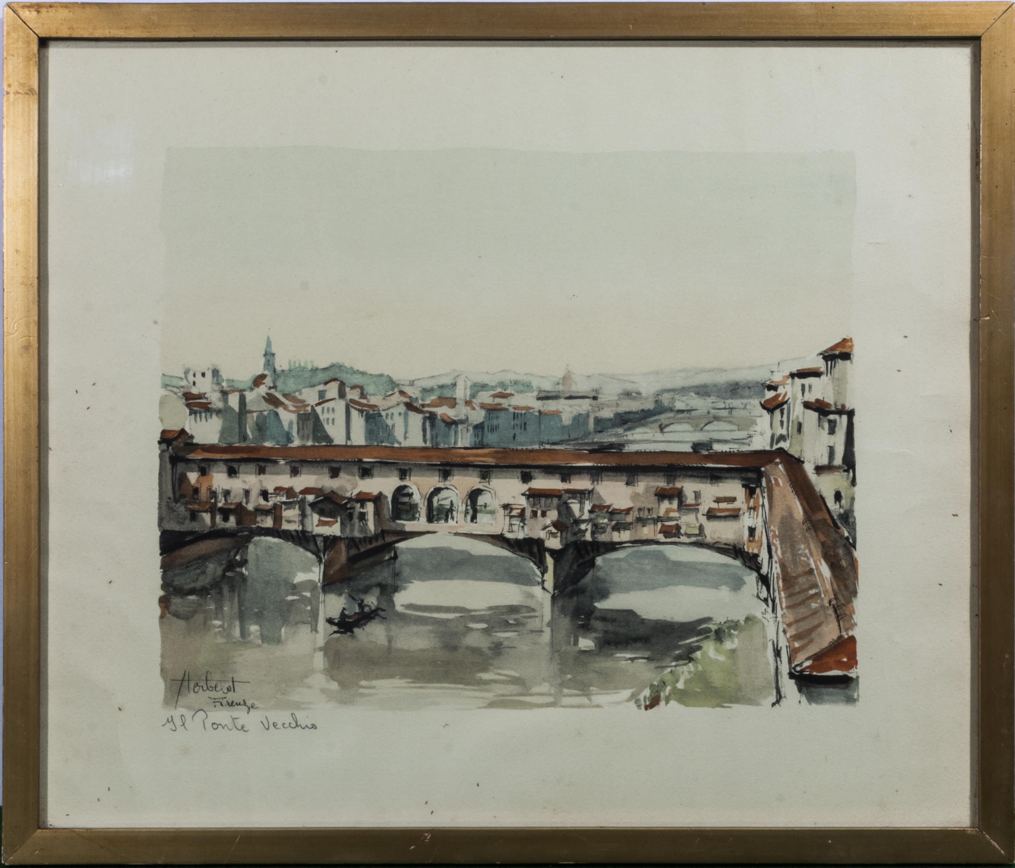 A framed watercolour of the Ponte Vecchio Bridge Florence, signed