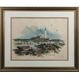 A print of St Mary's lighthouse Whitley Bay signed Ronald Moore