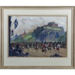 John Mackay (1910-1985) Framed watercolour of the Piper's Band on Princess Street Edinburgh signed