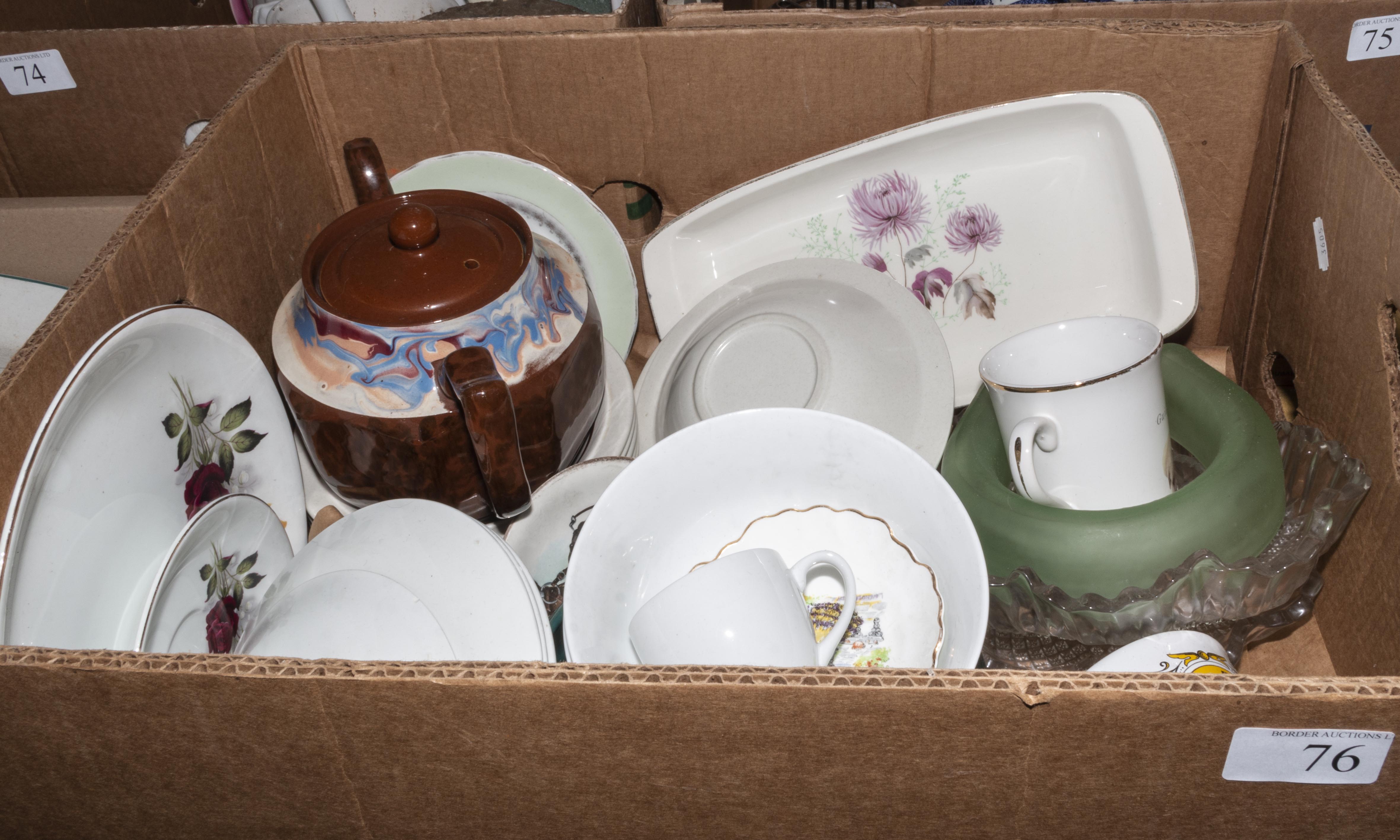 A box containing assorted pottery and glass