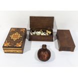 Three treen boxes and a spoon with miniature animals