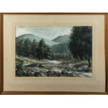 A framed watercolour depicting a river and forest scene